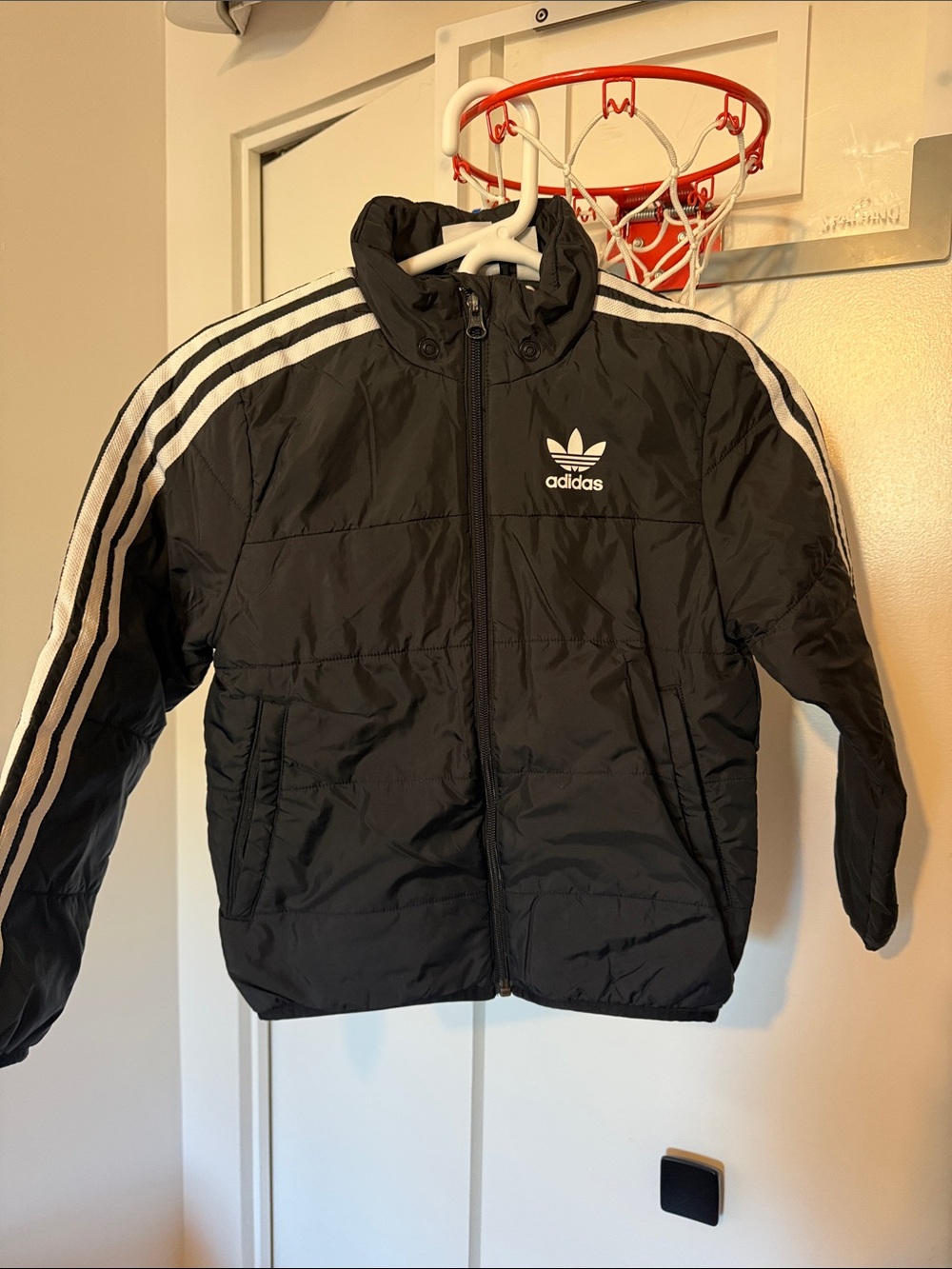 adidas Black Puffer Jacket with White Stripe Accents